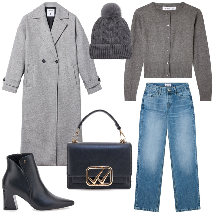 Outfit donna - Easy outfit. Stile Glamour per Tutti i giorni. Abbinamento con cardigans, berretti, cappotti, jeans dritti, borse a tracolla, stivaletti.