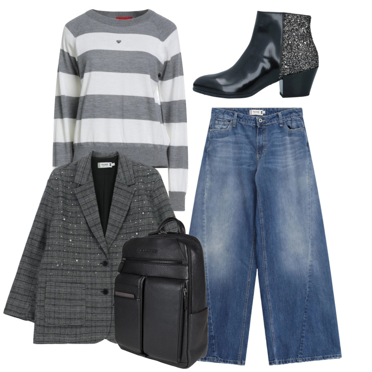 Outfit donna - Total mix and match. Stile Casual per Tutti i giorni. Abbinamento con stivaletti, zaini, pullovers, blazer, jeans.