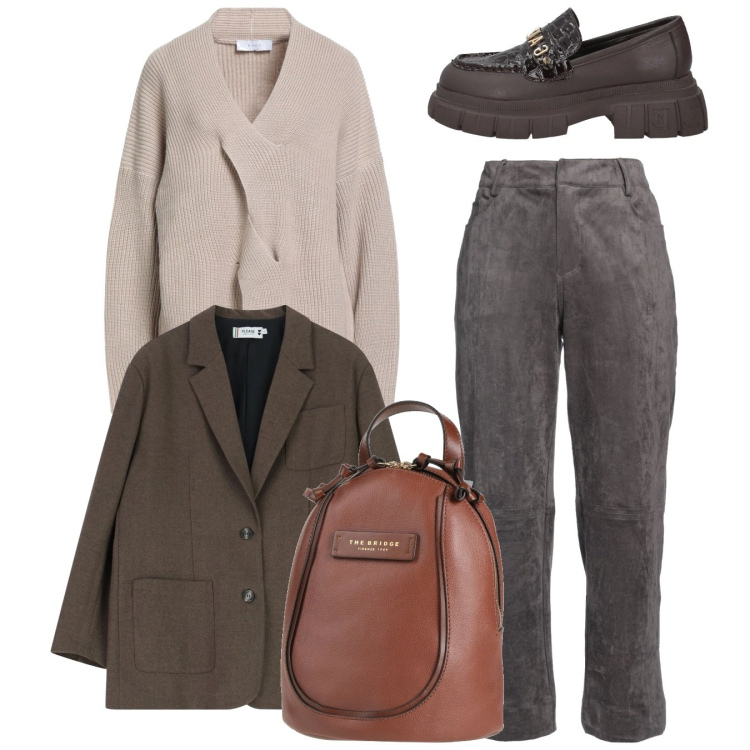 Outfit donna - Total look. Stile Casual per Tutti i giorni. Abbinamento con pullovers, zaini, mocassini, pantaloni, blazer.
