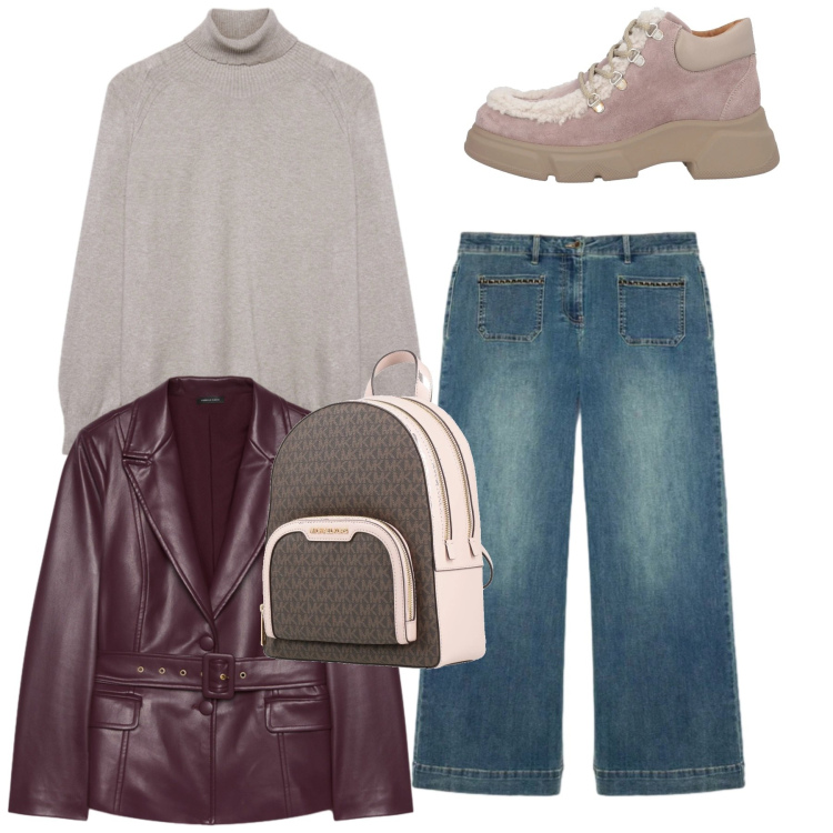 Outfit donna - Total look. Stile Casual per Tutti i giorni. Abbinamento con stivaletti, zaini, jeans, blazer, maglieria.