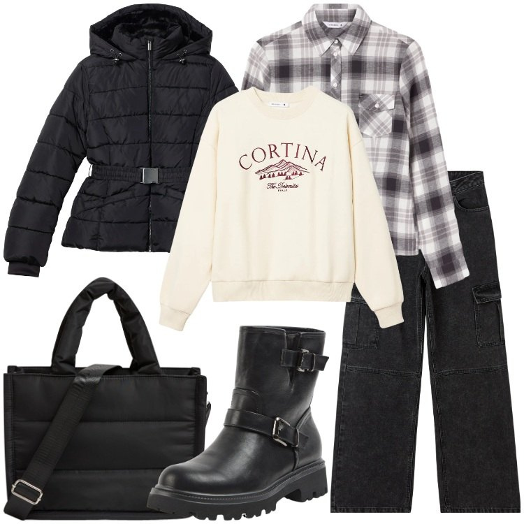 Outfit donna - Terranova Saldi FW25 Apres sky. Stile Casual per Tutti i giorni. Abbinamento con stivaletti, jeans dritti, piumini, shopping bag, felpe, camicie.
