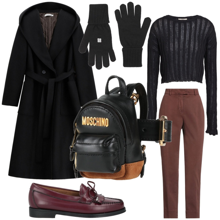 Outfit donna - Marrone e nero. Stile Glamour per Ufficio. Abbinamento con guanti, marsupi, pantaloni skinny, mocassini, pullovers, cappotti.