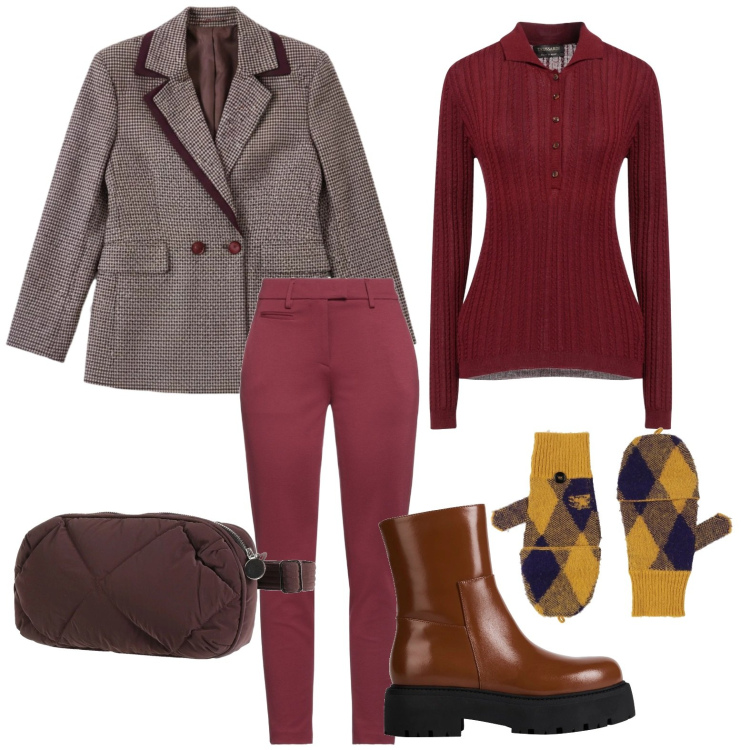 Outfit donna - Pantaloni wine. Stile Glamour per Ufficio. Abbinamento con stivaletti, pantaloni, marsupi, pullovers, guanti, blazer.