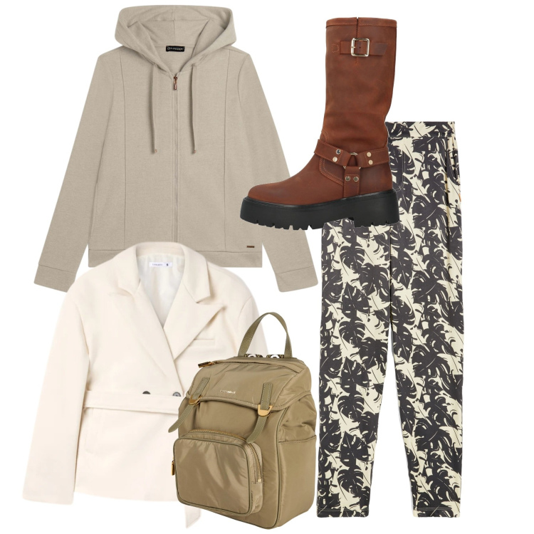 Outfit donna - Total look. Stile Casual per Tutti i giorni. Abbinamento con zaini, stivali, blazer, pantaloni, felpe con cappuccio.