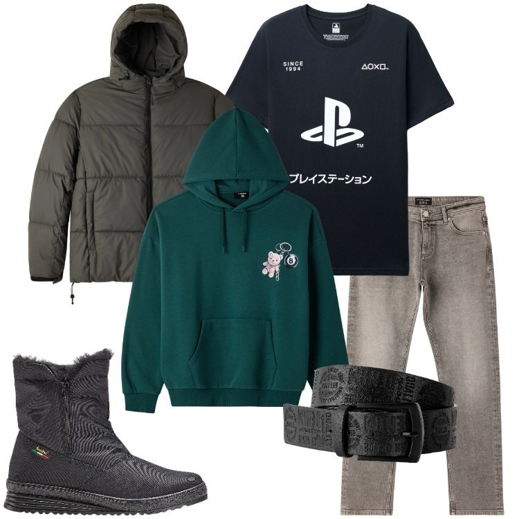 Outfit uomo - Weekend lento. Stile Casual per Tutti i giorni. Abbinamento con stivali e stivaletti, cinture, jeans, bomber, t-shirt, felpe con cappuccio.