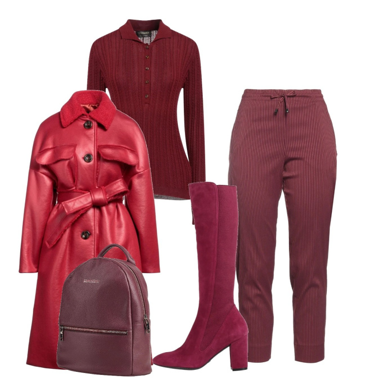 Outfit donna - Total wine. Stile Chic per Tutti i giorni. Abbinamento con pullovers, stivali, pantaloni, cappotti, zaini.