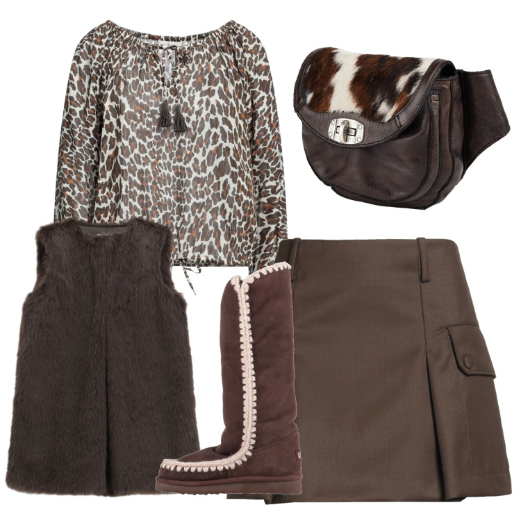 Outfit donna - Total sauvage. Stile Chic per Tutti i giorni. Abbinamento con marsupi, top, minigonne, stivali da neve, gilet.