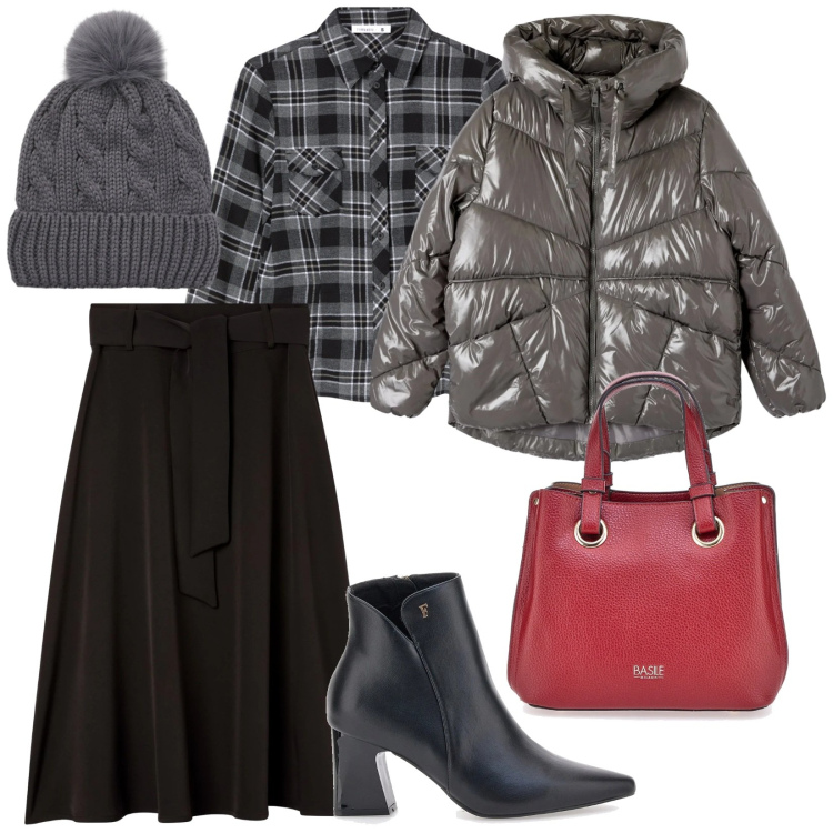 Outfit donna - Terranova uscita. per Serata fuori. Abbinamento con gonne lunghe, berretti, camicie, bomber, stivaletti, borse a mano.