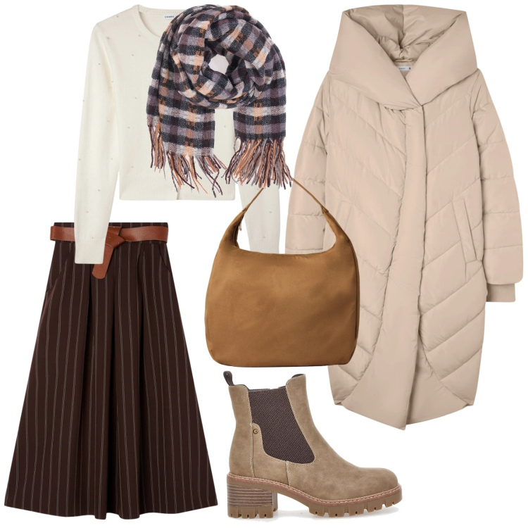 Outfit donna - Terranova freddo. per Tutti i giorni. Abbinamento con cardigans, borse a mano, cappotti, gonne longuette, stivaletti chelsea, sciarpe.