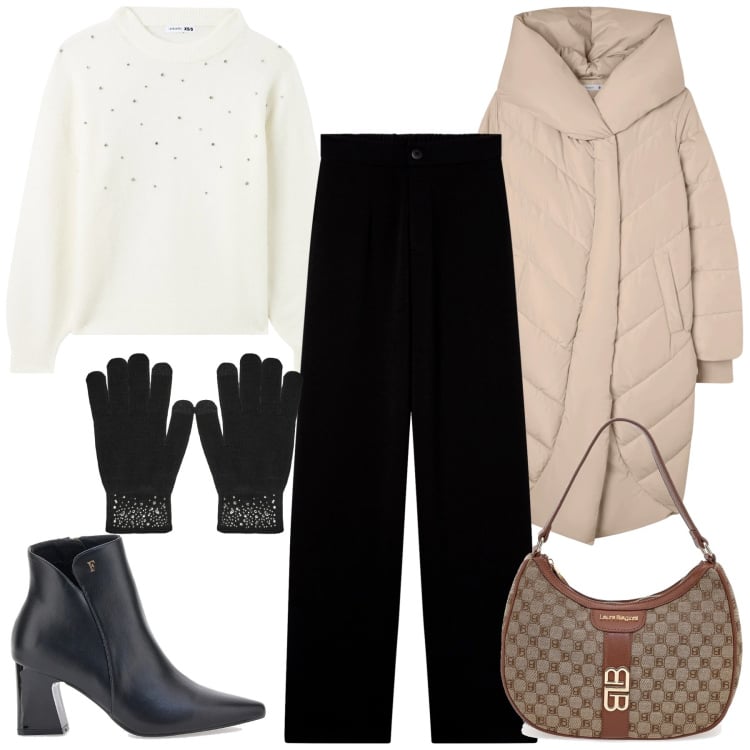 Outfit donna - Terranova saldi FW25. Stile Casual chic per Ufficio. Abbinamento con maglieria, pantaloni, cappotti, guanti, borse a spalla, stivaletti.