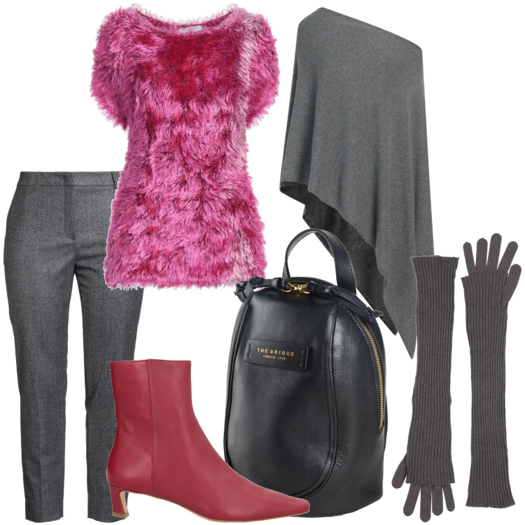 Outfit donna - La maglia peluche. Stile Glamour per Scuola/Università. Abbinamento con stivaletti, cappotti, pullovers, zaini, pantaloni, guanti.