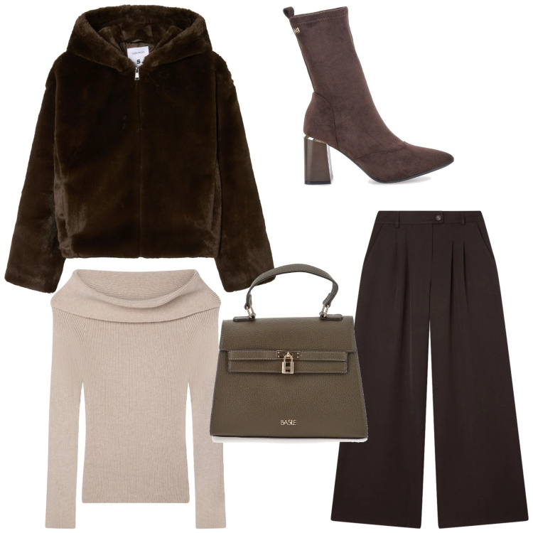 Outfit donna - Serata glam. Stile Glamour per Serata fuori. Abbinamento con maglieria, ecopellicce, pantaloni, stivaletti, borse a mano.