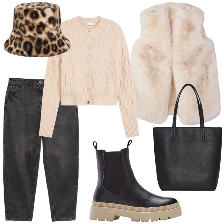 Outfit donna - In gita. per Tutti i giorni. Abbinamento con cardigans, stivaletti chelsea, piumini, borse tote, jeans mom, cappelli.