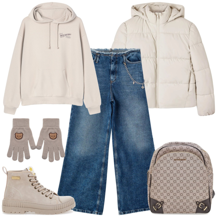 Outfit donna - Terranova - Saldi FW25. Stile Casual per Scuola/Università. Abbinamento con felpe con cappuccio, bomber, guanti, jeans dritti, zaini, anfibi.