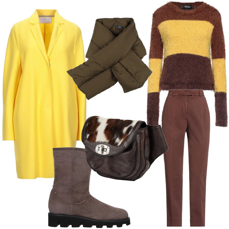 Outfit donna - La sciarpa extra calda. Stile Casual per Scuola/Università. Abbinamento con pullovers, pantaloni skinny, cappotti, marsupi, stivaletti, sciarpe.