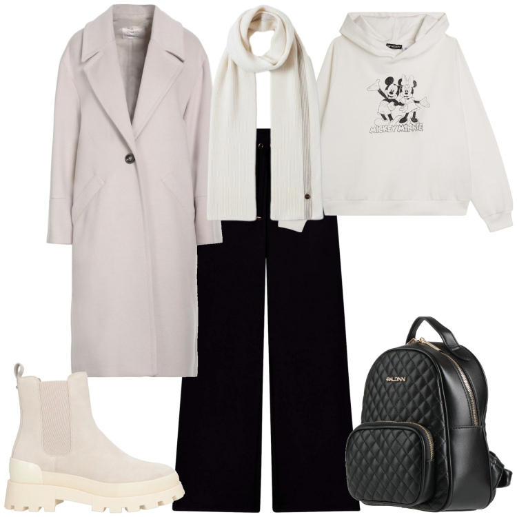 Outfit donna - Sporty chic ogni giorno. Stile Sporty chic per Tutti i giorni. Abbinamento con stivaletti chelsea, cappotti, zaini, sciarpe, pantaloni, felpe con cappuccio.