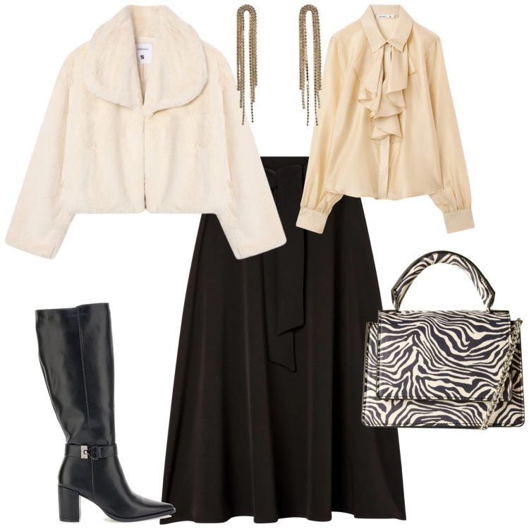 Outfit donna - Chic serata evento speciale. Stile Vintage retrò per Serata fuori. Abbinamento con camicie, gonne lunghe, ecopellicce, borse a tracolla, orecchini, stivali.