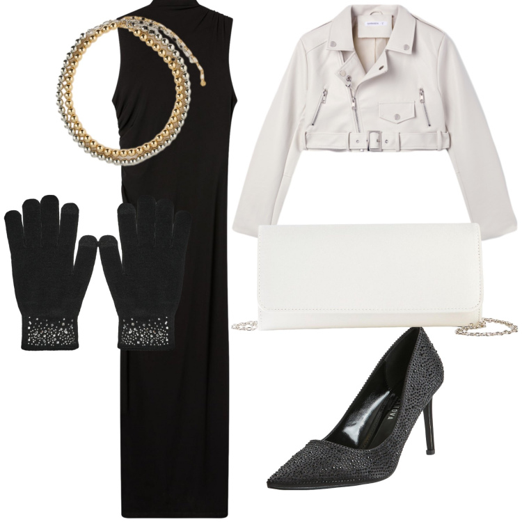 Outfit donna - Giubbino crop per il ristorante. Stile Glamour per Serata fuori. Abbinamento con pochette, vestiti lunghi, giacche, décolleté, guanti, collane.