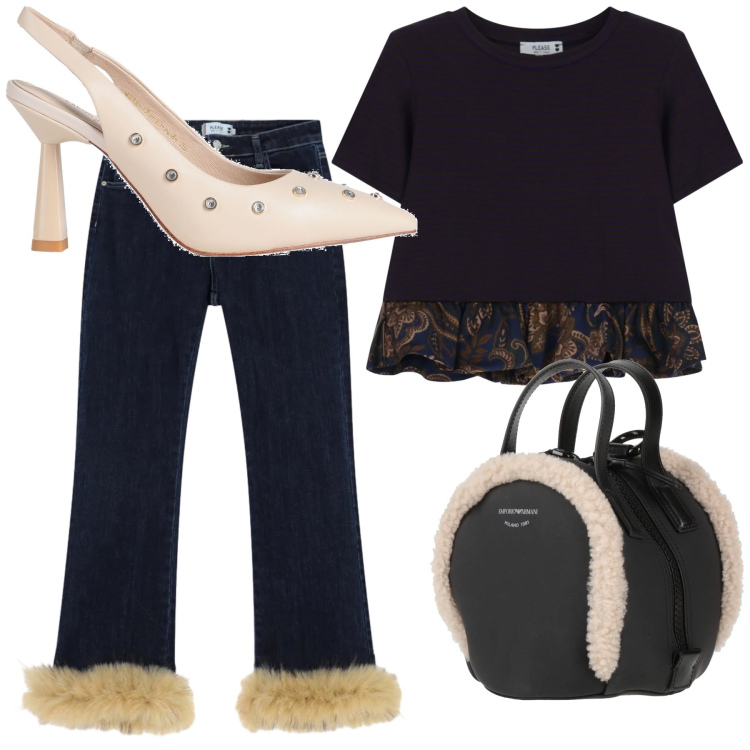 Outfit donna - Aperitivo peloso. Stile Sporty chic per Serata fuori. Abbinamento con décolleté, zaini, t-shirt, pantaloni.