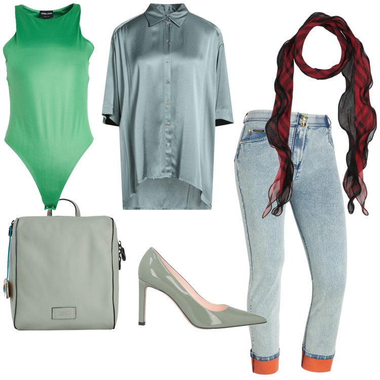 Outfit donna - Uscita originale. Stile Trendy per Serata fuori. Abbinamento con décolleté, body, sciarpe, camicie a manica corta, zaini, jeans dritti.