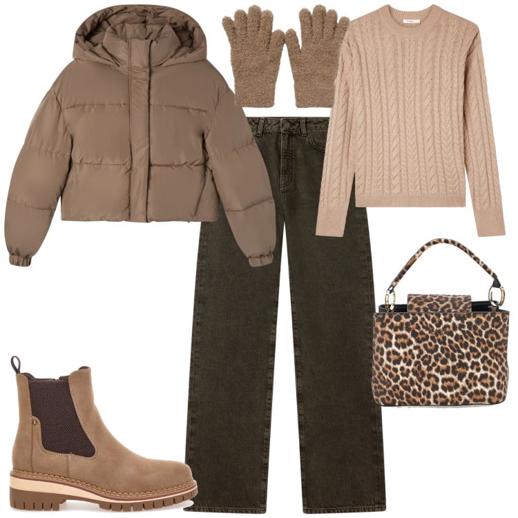 Outfit donna - Sporty chic marrone. Stile Sporty chic per Tutti i giorni. Abbinamento con jeans dritti, bomber, maglieria, guanti, stivaletti chelsea, borse a mano.