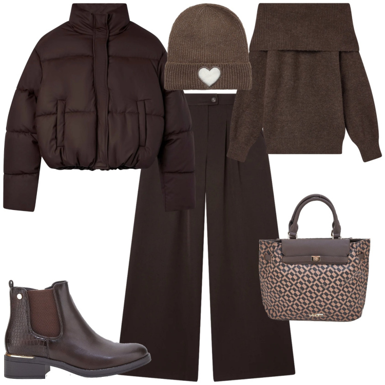 Outfit donna - Trendy cioccolato ufficio tempo libero. Stile Trendy per Ufficio. Abbinamento con maglieria, bomber, berretti, pantaloni, stivaletti chelsea, borse a mano.