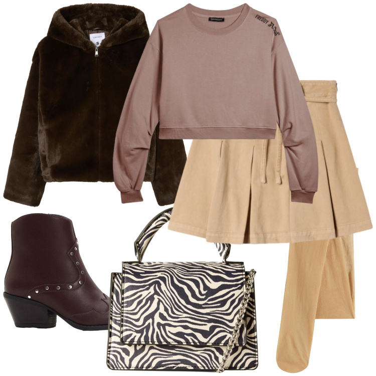 Outfit donna - Sabato in città. Stile Urban per Tutti i giorni. Abbinamento con stivaletti texani, collant, minigonne, ecopellicce, borse a tracolla, felpe.