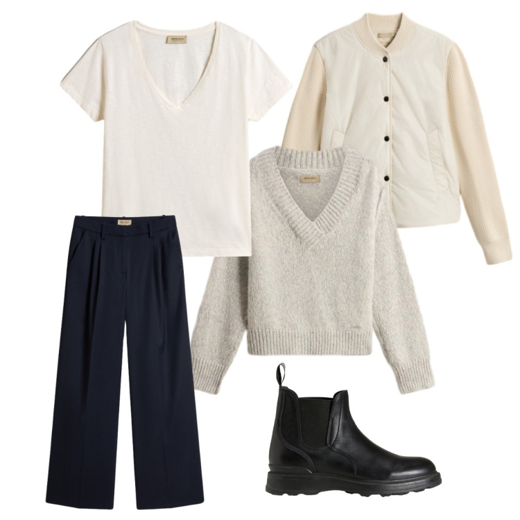 Outfit donna - Saldi invernali. Stile Casual per Tutti i giorni. Abbinamento con t-shirt, pantaloni, stivaletti, maglieria, bomber.