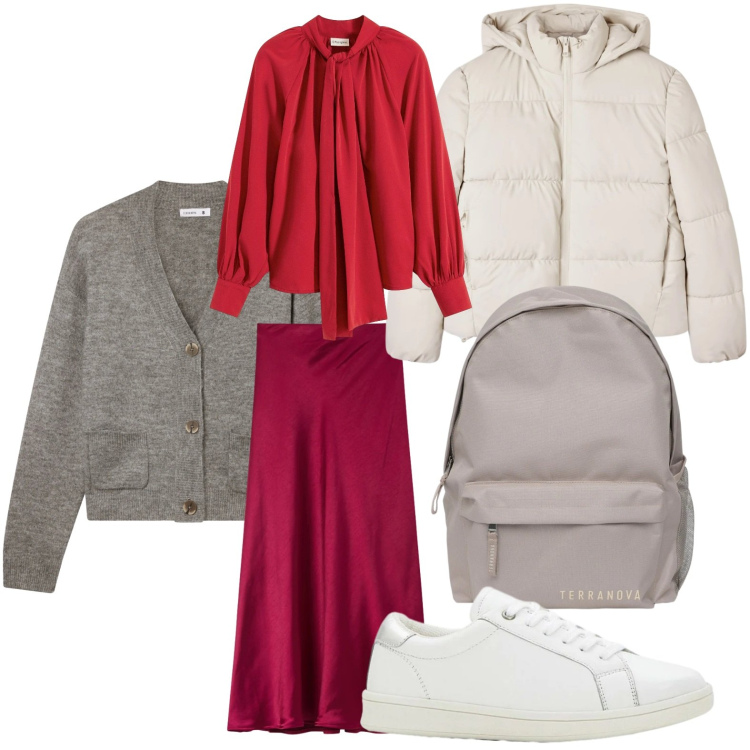 Outfit donna - Rosso rubino. Stile Minimal per Scuola/Università. Abbinamento con sneakers, camicie, bomber, zaini, cardigans, gonne lunghe.