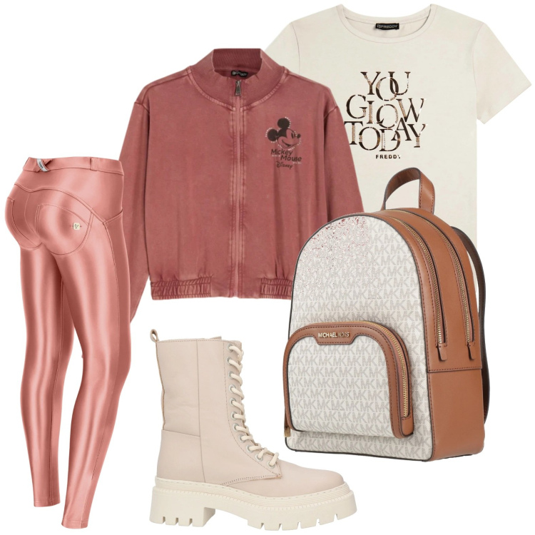 Outfit donna - Skinny push up. Stile Sporty chic per Sport. Abbinamento con zaini, stivaletti, pantaloni skinny, felpe, t-shirt.