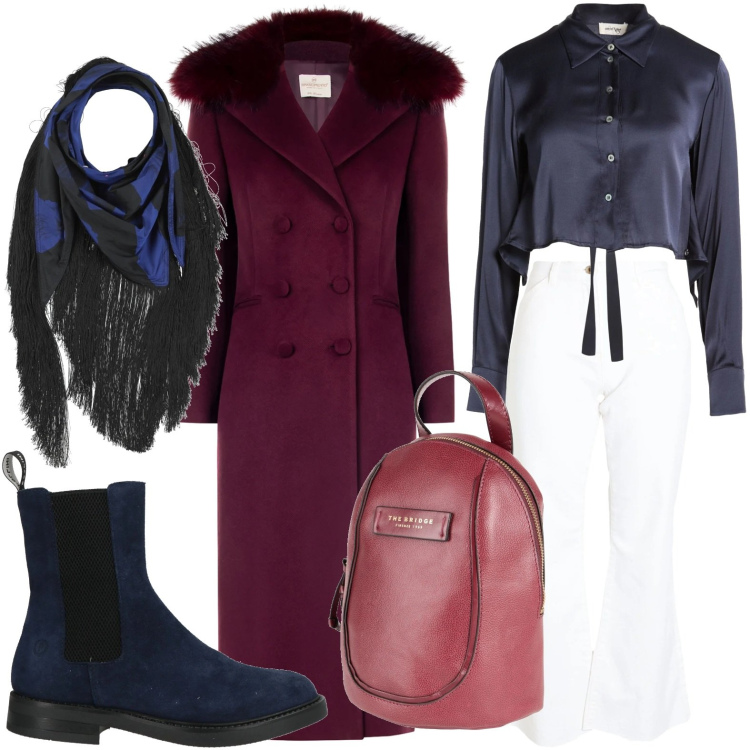 Outfit donna - Occasione speciale. Stile Chic per Scuola/Università. Abbinamento con zaini, stivaletti chelsea, camicie, stole, pantaloni, cappotti.