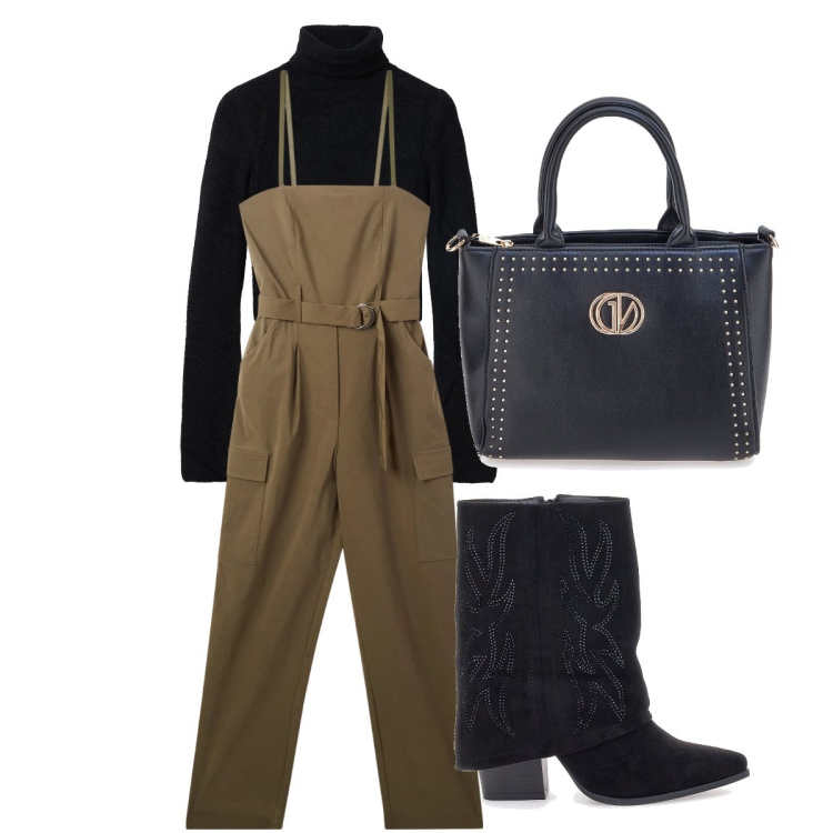 Outfit donna - Terranova - Saldi FW25. Stile Glamour per Ufficio. Abbinamento con tute, maglieria, borse a mano, stivaletti texani.