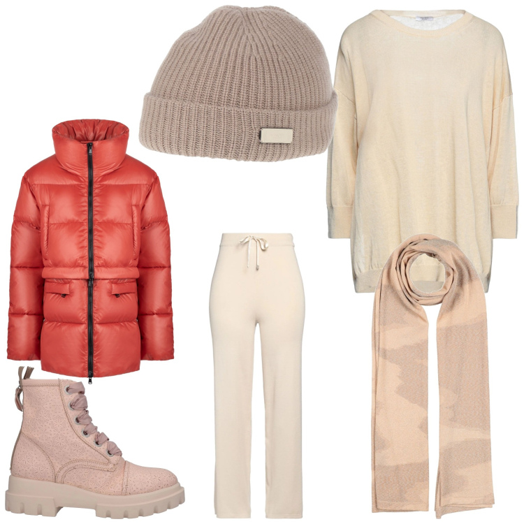 Outfit donna - Sfumature. Stile Casual per Tutti i giorni. Abbinamento con sciarpe, pullovers, pantaloni, cappelli, stivaletti, piumini.