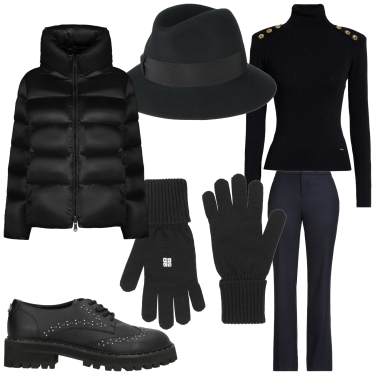 Outfit donna - Black and mannish. Stile Mannish per Ufficio. Abbinamento con cappelli, pantaloni, guanti, maglieria, scarpe stringate, piumini.