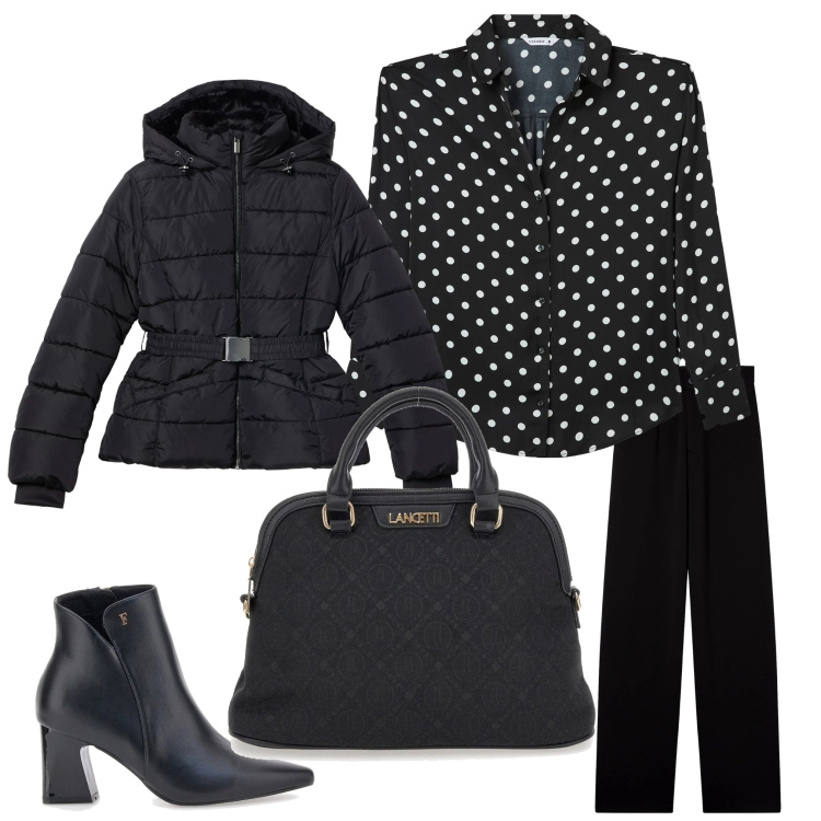 Outfit donna - Ufficio a pois. Stile Casual chic per Ufficio. Abbinamento con camicie, piumini, pantaloni, borse a spalla, stivaletti.