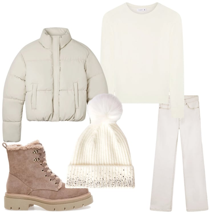 Outfit donna - Sotto la neve. Stile Casual per Tutti i giorni. Abbinamento con jeans bootcut, berretti, maglieria, bomber, anfibi.