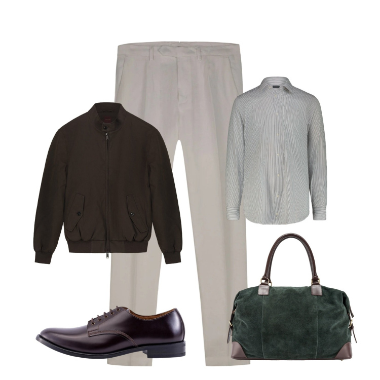 Outfit uomo - Business travel. Stile Business/Elegante per Ufficio. Abbinamento con scarpe stringate, pantaloni, bomber, camicie, borse sportive.
