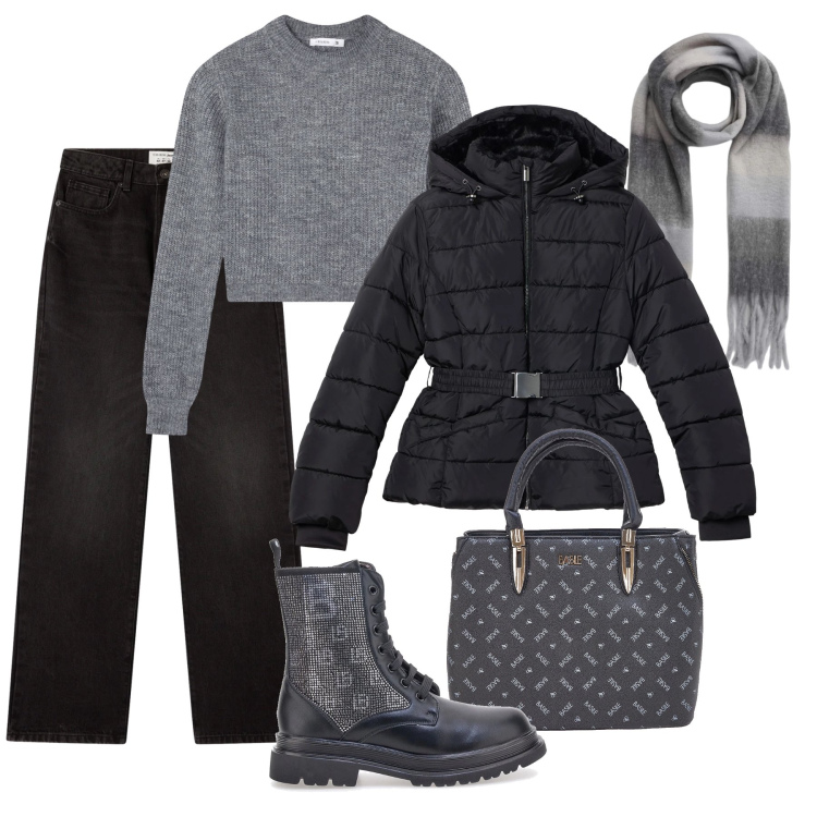 Outfit donna - Street style Terranova Saldi. Stile Urban per Tutti i giorni. Abbinamento con maglieria, jeans dritti, sciarpe, piumini, anfibi, borse a mano.