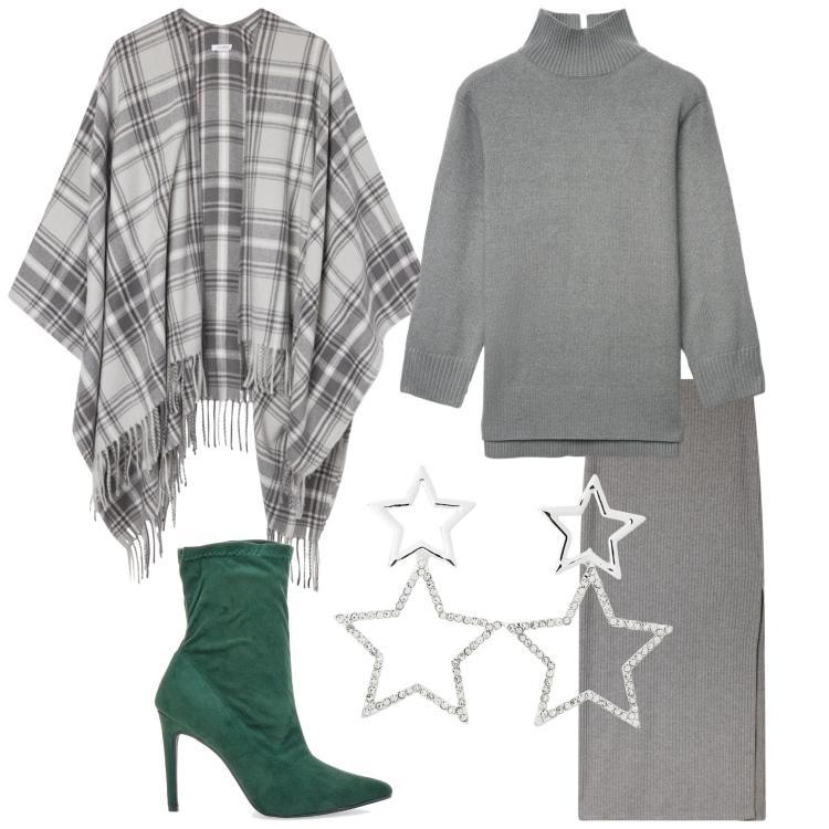 Outfit donna - Verde e stelle. Stile Chic per Serata fuori. Abbinamento con maglieria, gonne lunghe, orecchini, cappotti, stivaletti.