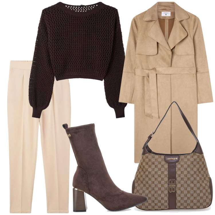 Outfit donna - Total look #2317713. Stile Minimal per Tutti i giorni. Abbinamento con trench, maglieria, pantaloni chino, borse a spalla, stivaletti.