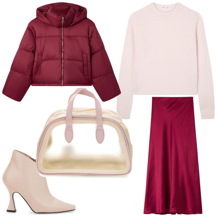 Outfit donna - Red rose. Stile Chic per Serata fuori. Abbinamento con gonne lunghe, bomber, maglieria, stivaletti, valigie.