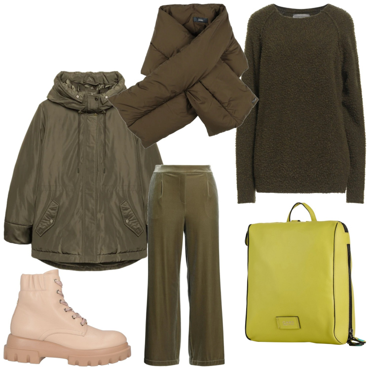 Outfit donna - Voglia di verde. Stile Casual per Tutti i giorni. Abbinamento con pantaloni, stivaletti, pullovers, sciarpe, zaini, eskimo.