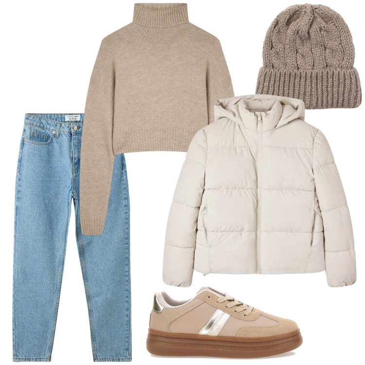 Outfit donna - Total look #2317727. Stile Casual per Scuola/Università. Abbinamento con jeans mom, berretti, bomber, maglieria, sneakers.