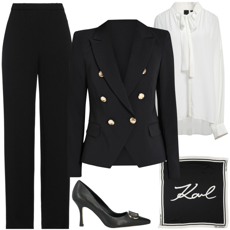 Outfit donna - Il doppiopetto avvitato. Stile Chic per Tutti i giorni. Abbinamento con pantaloni, camicie, décolleté, sciarpe, blazer.