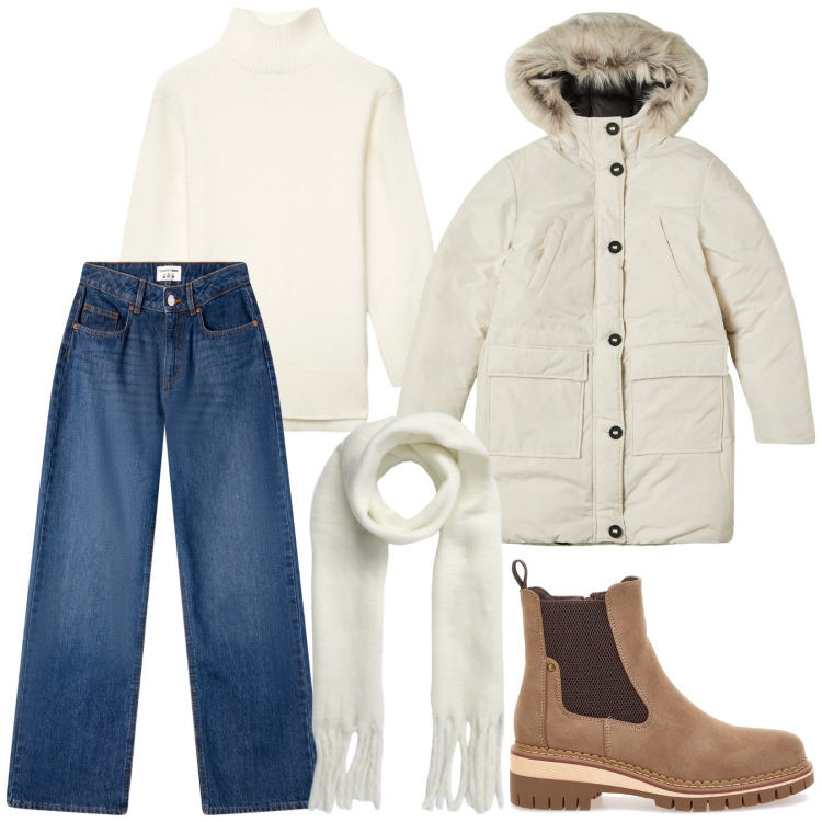 Outfit donna - Saldi Terranova. Stile Casual per Tutti i giorni. Abbinamento con jeans, maglieria, sciarpe, parka, stivaletti chelsea.