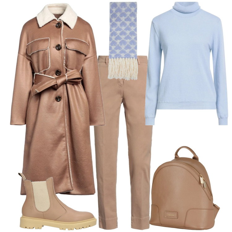 Outfit donna - Trendy in ufficio o tempo libero. Stile Trendy per Ufficio. Abbinamento con pantaloni skinny, cappotti, zaini, stivaletti chelsea, maglieria, sciarpe.