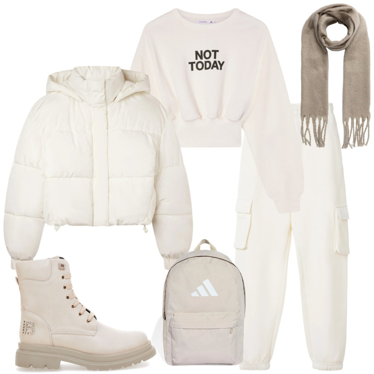 Outfit donna - Saldi Terranova 25. Stile Casual chic per Scuola/Università. Abbinamento con pantaloni, felpe, bomber, sciarpe, anfibi, borse sportive.