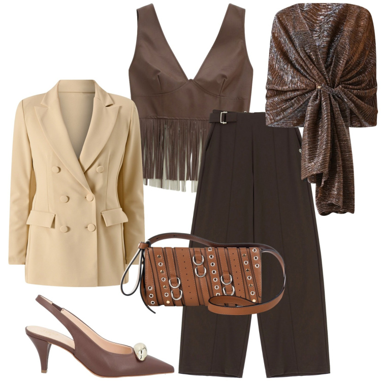 Outfit donna - Total look #2317757. Stile Chic per Serata fuori. Abbinamento con décolleté, top, pantaloni a palazzo, borse a spalla, blazer, stole.