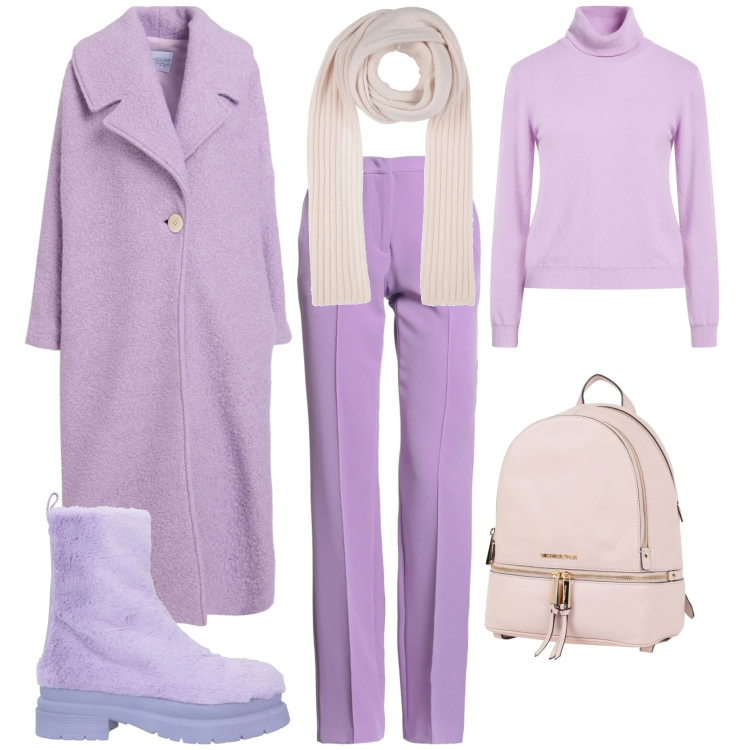 Outfit donna - Minimal in lilla. Stile Minimal per Tutti i giorni. Abbinamento con stivaletti, cappotti, maglieria, zaini, sciarpe, pantaloni.