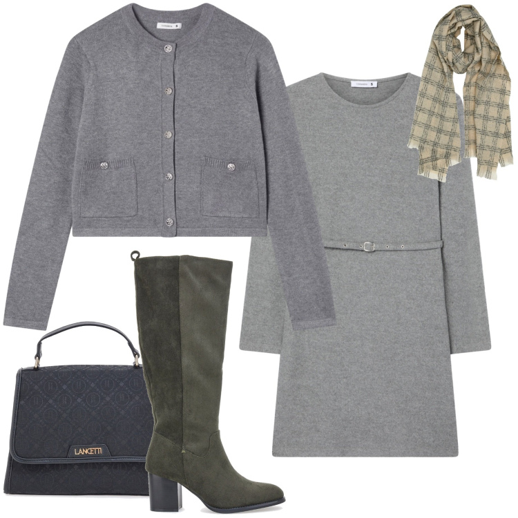 Outfit donna - Saldi Terranova 25. Stile Bon Ton per Serata fuori. Abbinamento con cardigans, vestiti midi/longuette, stivali, borse a spalla, sciarpe.